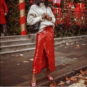 Zara Red Sequin Midi Skirt | Size Medium